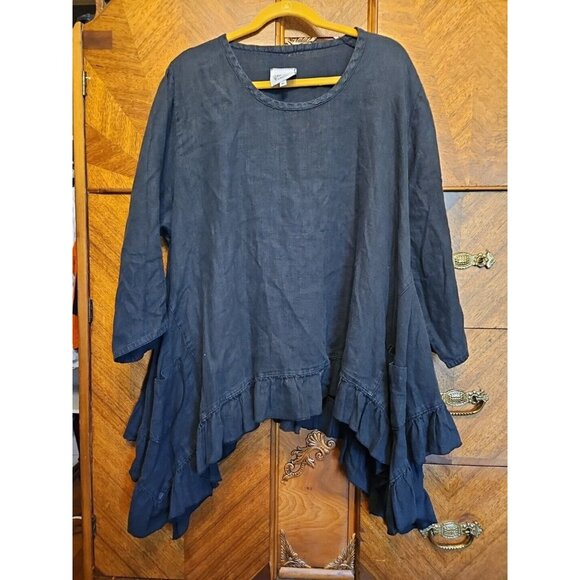 Hearts Desire Mary Grace Tops - Lagenlook Mary Grace Black Size XL Asymmetrical Hem Pockets Linen Blouse